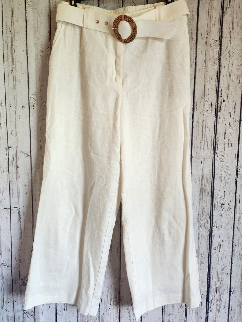 Rachel Zoe White Linen Blend Wide Leg Pants Belted Lined Summer Size 6 Coastal